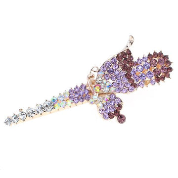 Gold Finish Rhinestone Side Butterfly Alligator Clip Hair Claw Purple